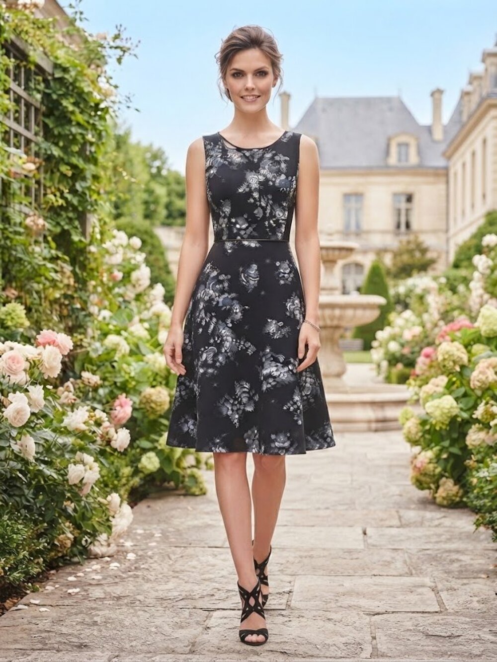 ANN TAYLOR Monochrome Floral Piped Fit-and-Flare Midi Dress, Size 8